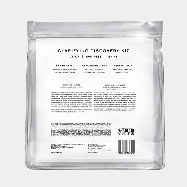 The back of a clear resealable pouch package labeled 'CLARIFYING DISCOVERY KIT' on a light gray background.