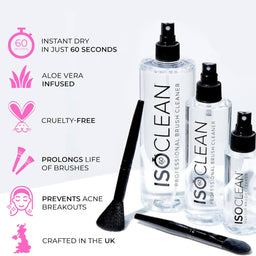 ISOCLEAN brush cleaner bottles with product features on a white background