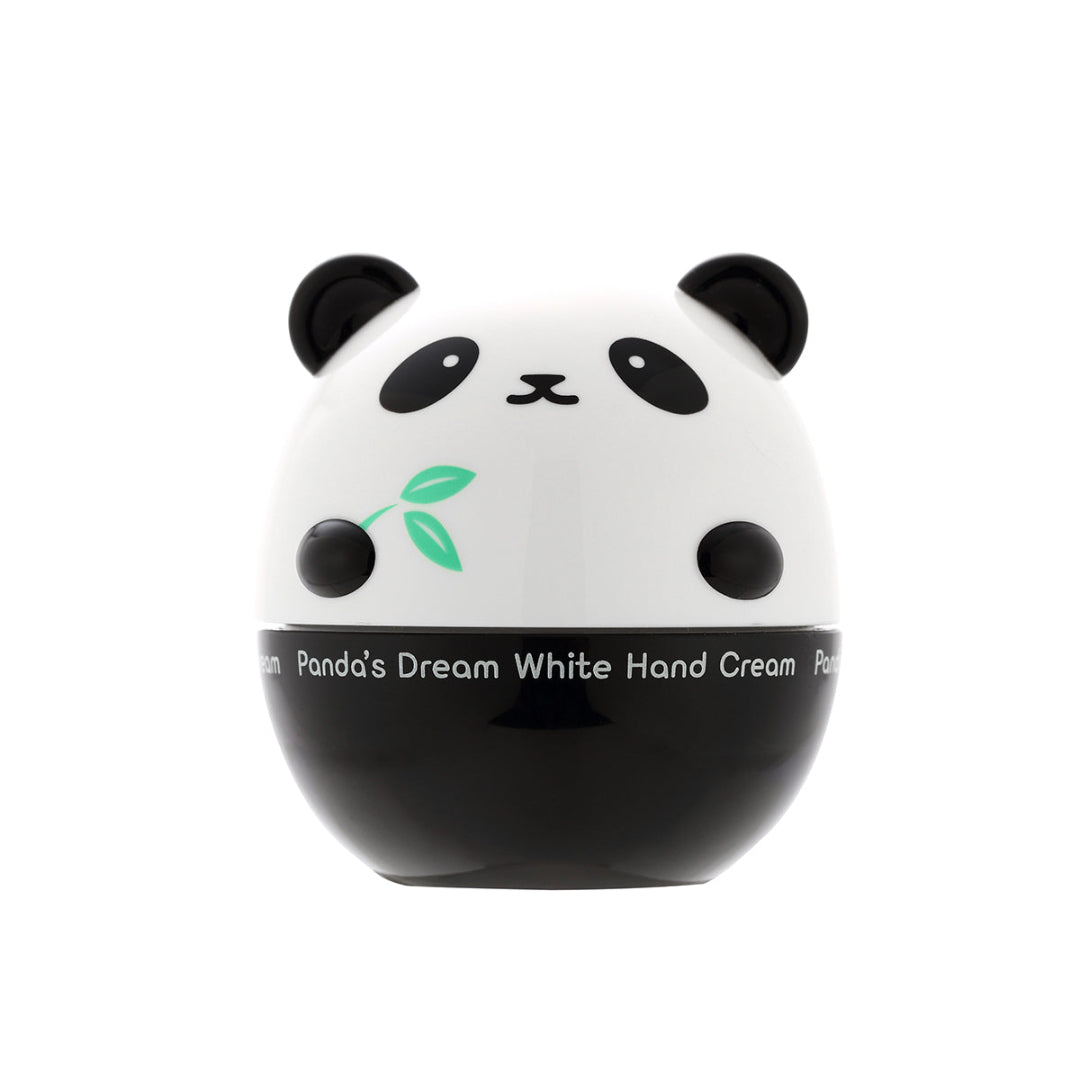 A panda-shaped hand cream container with a white top half featuring a black panda face design and a green leaf graphic, and a black bottom half with white text reading 'Panda's Dream White Hand Cream'.