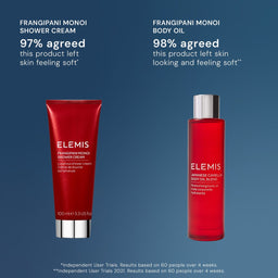 ELEMIS Frangipani Monoi shower cream and body oil on a blue background