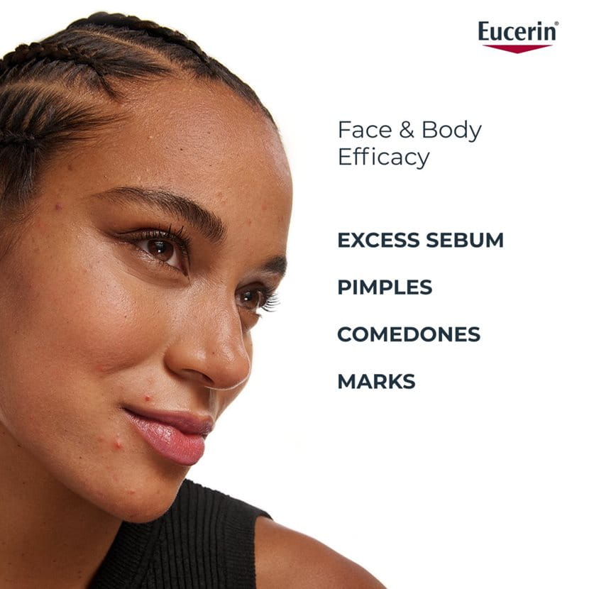 Woman's face with text on Eucerin product packaging