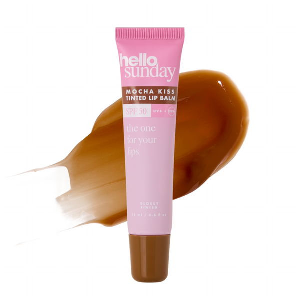 Pink tube of 'hello sunday' Mocha Kiss Tinted Lip Balm with brown color swatch on a white background