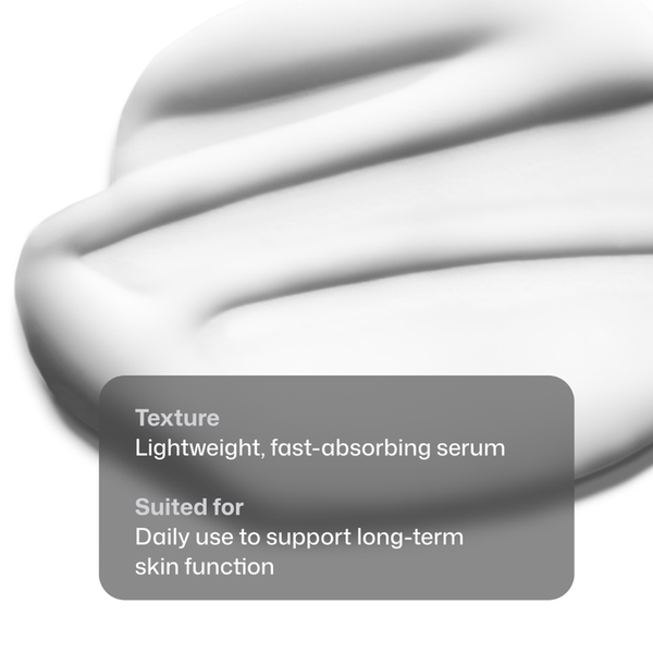 Lightweight, fast-absorbing serum with text describing its properties on a white background