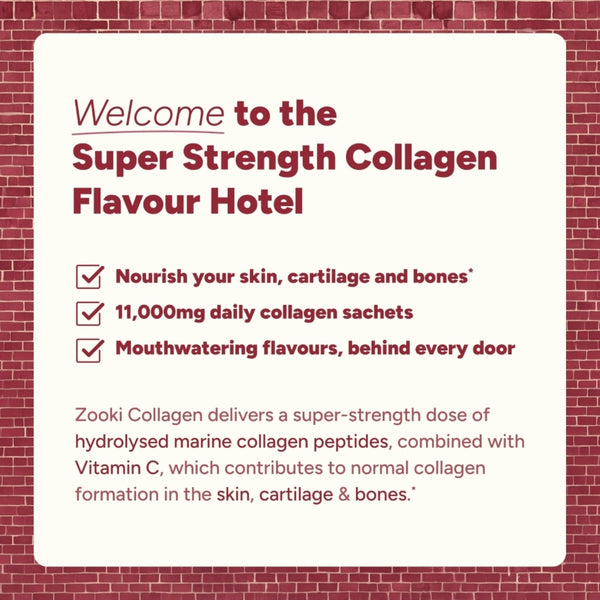 A promotional graphic for Zooki Collagen featuring a large cream-colored card with red text on a red brick background. The card reads 'Welcome to the Super Strength Collagen Flavour Hotel' and lists key benefits with checkmarks.