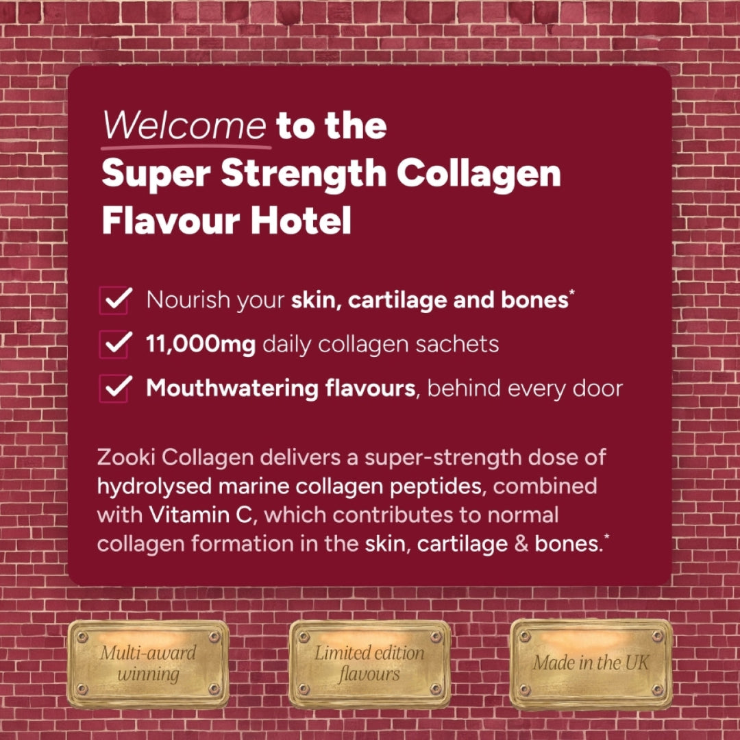 Promotional graphic for Zooki Collagen featuring a dark red text panel on a red brick background, with the headline 'Welcome to the Super Strength Collagen Flavour Hotel' and bullet points about skin, cartilage, bones, and daily collagen sachets. Three brass-style badges at the bottom read 'Multi-award winning,' 'Limited edition flavours,' and 'Made in the UK.