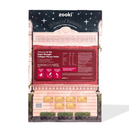 Zooki Collagen Flavour Hotel packaging, featuring a pink building facade design with a dark navy starry sky header and a large red product information panel.