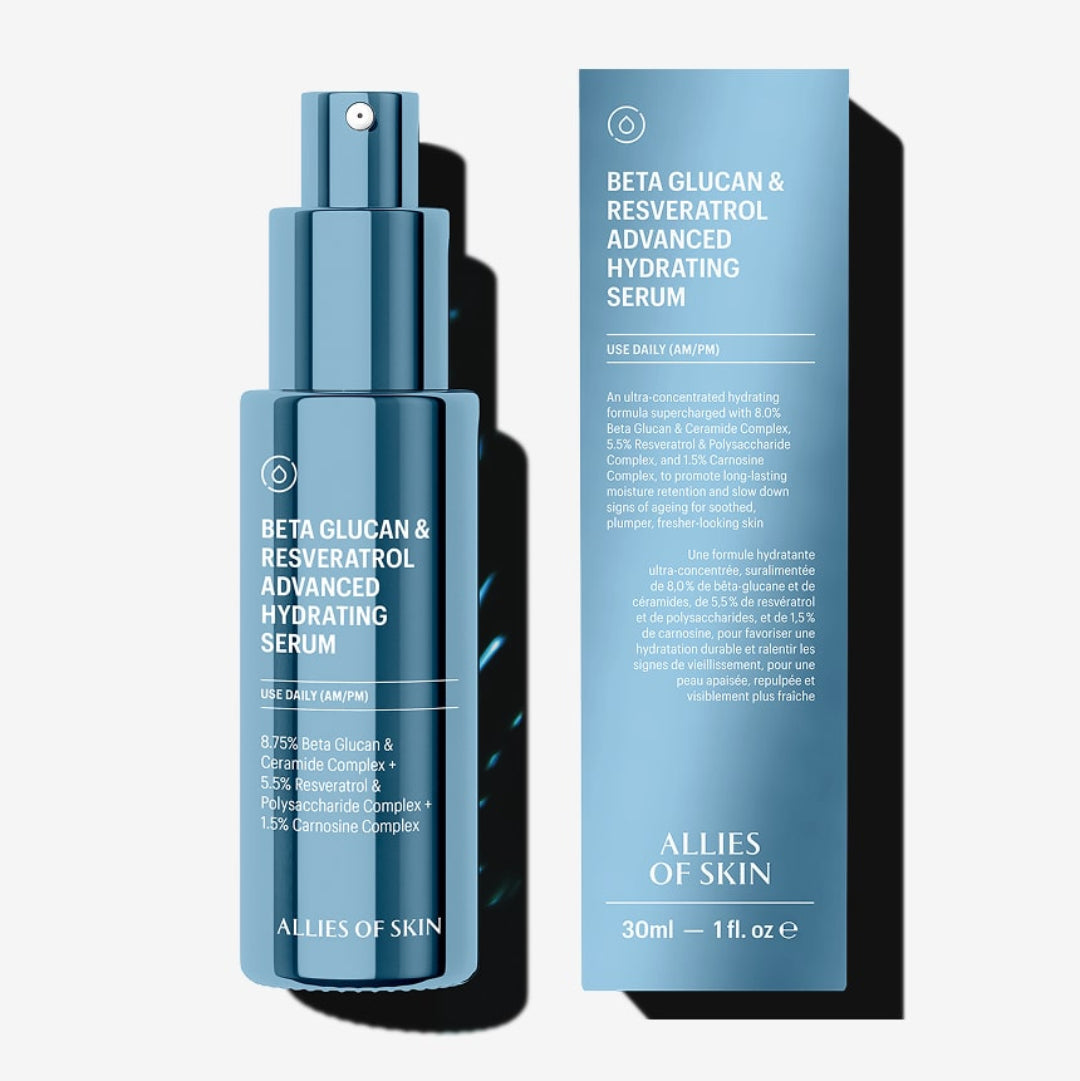 Blue serum bottle and packaging with text on a white background