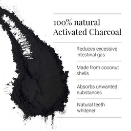 Black activated charcoal powder with text on a white background