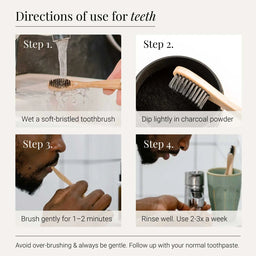 Step-by-step guide on using a toothbrush with charcoal powder for teeth cleaning.