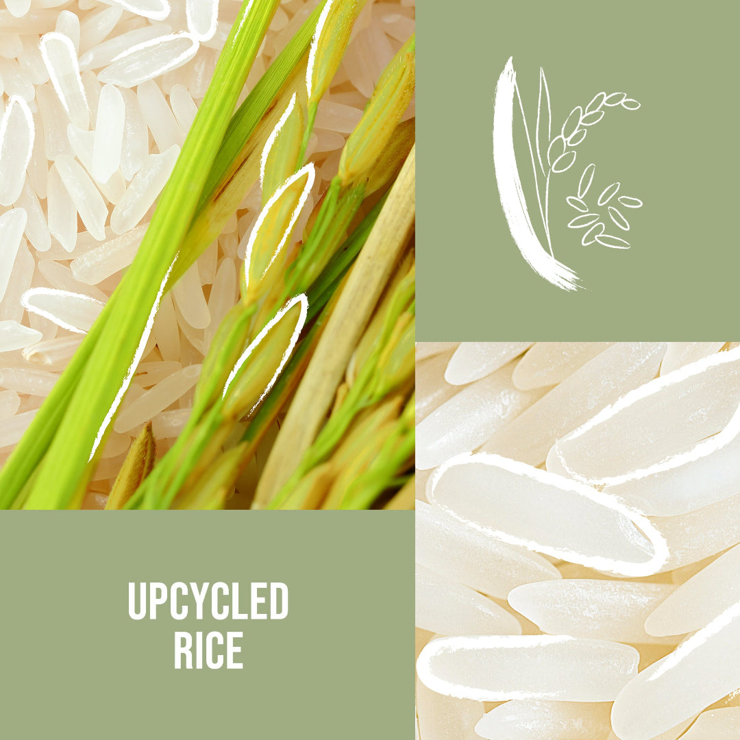 Upcycled rice with green stalks on a beige background