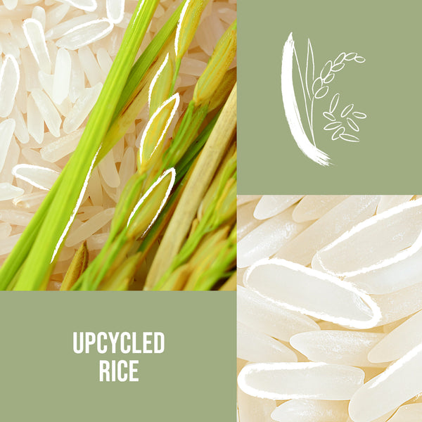 Upcycled rice with green stalks on a beige background