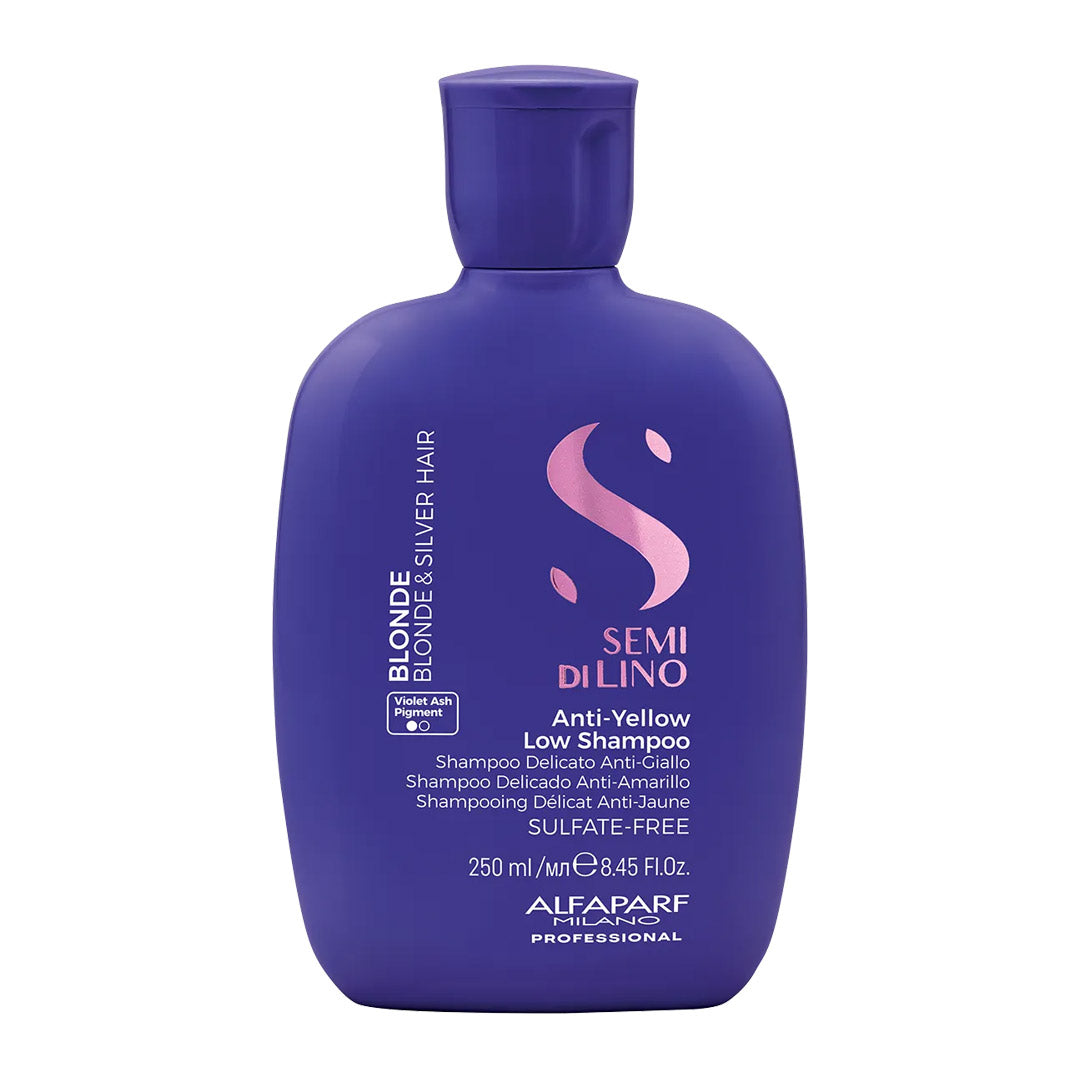 Purple shampoo bottle with brand logo on a white background
