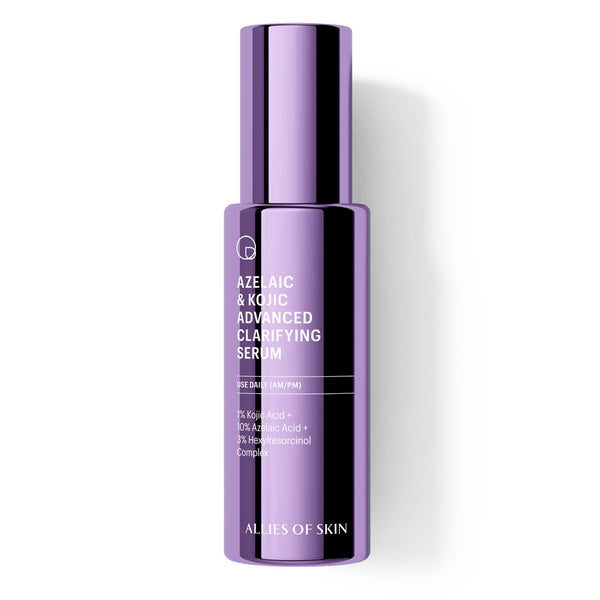 A bottle of Allies of Skin Azuric & Kojic Advanced Clarifying Serum in a metallic purple color, shown on a clean white background with a soft shadow.