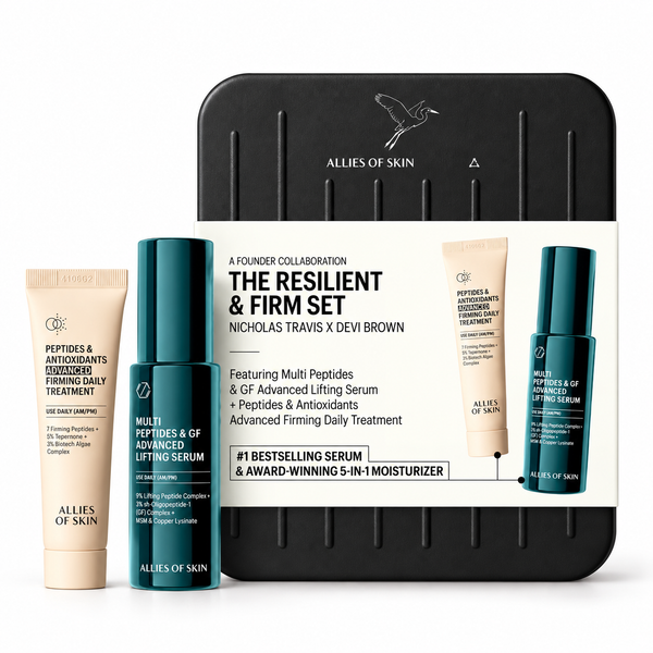 Allies of Skin The Resilient & Firm Set featuring a black presentation box with a white insert card, surrounded by skincare products including a beige peptide treatment tube, a dark teal multi-peptide bottle, and a dark teal GF advanced lifting serum bottle.
