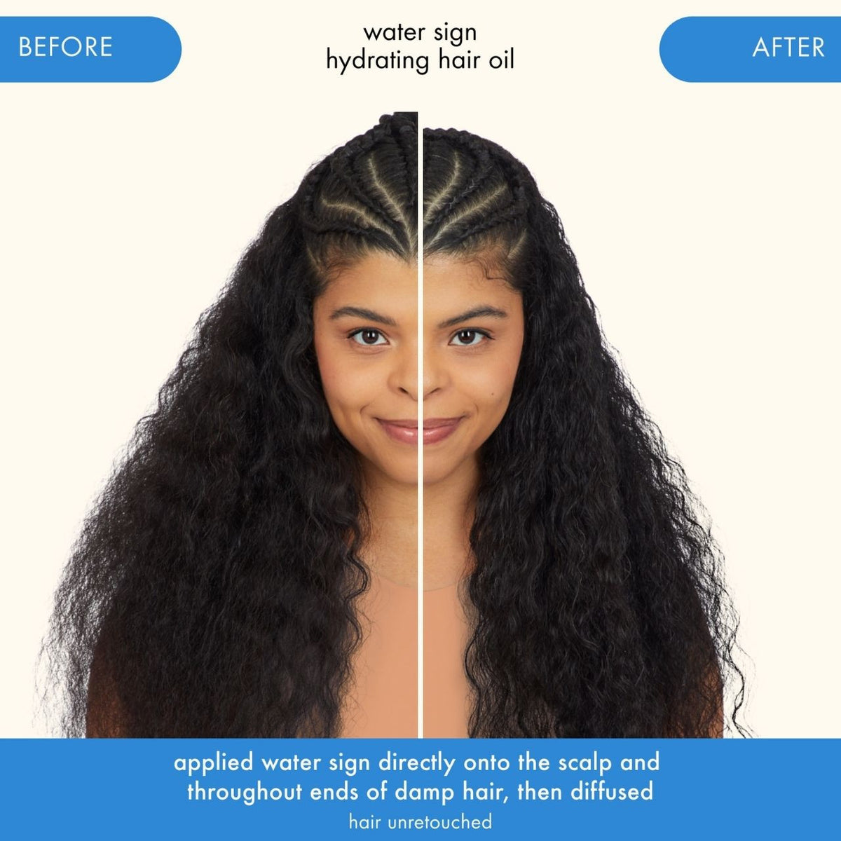Before and after comparison of a woman's hair with water sign hydrating hair oil.