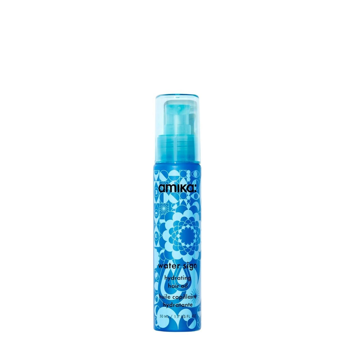 Blue hair spray bottle with floral design on a white background