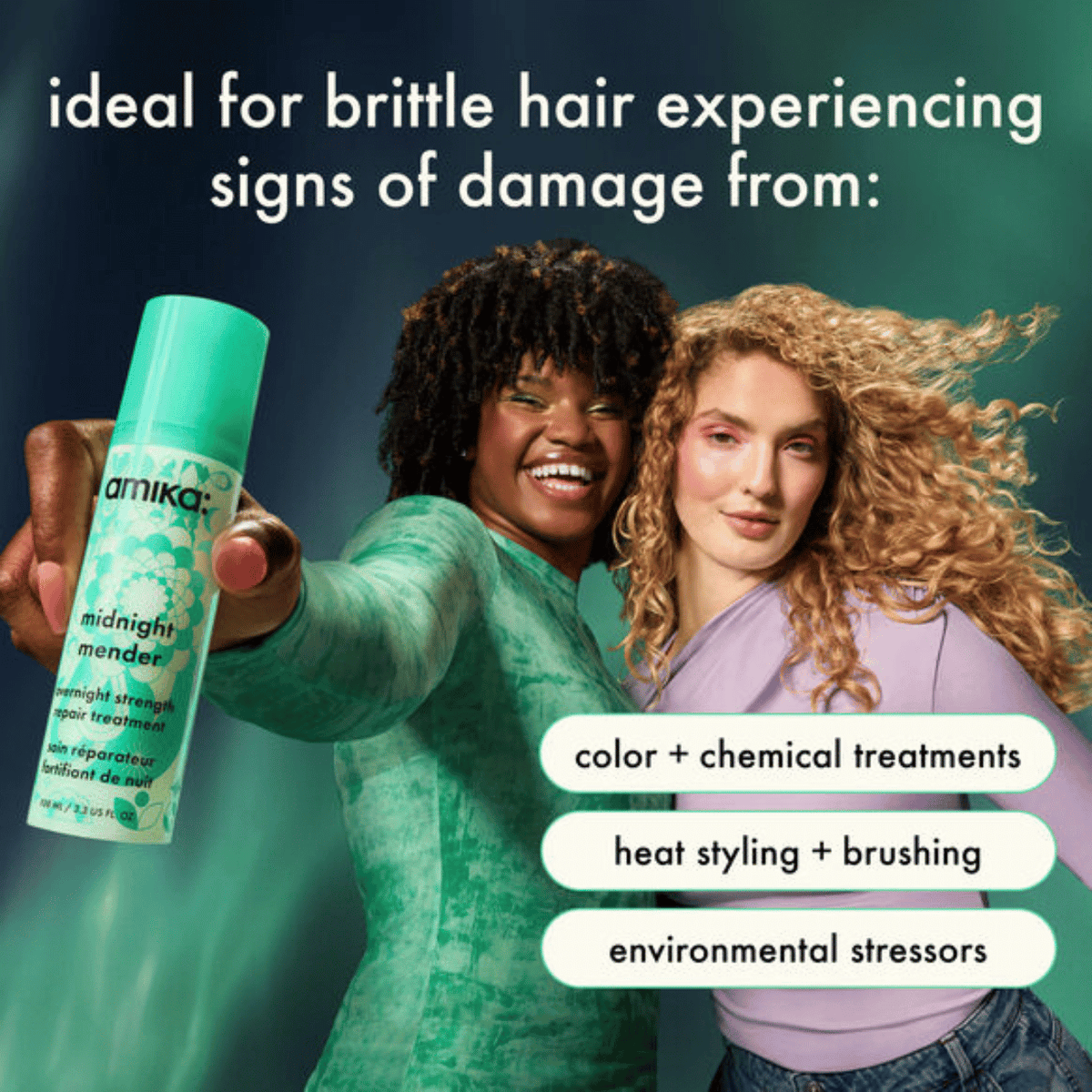 Two people holding a bottle of amika hair product with text about hair care issues.