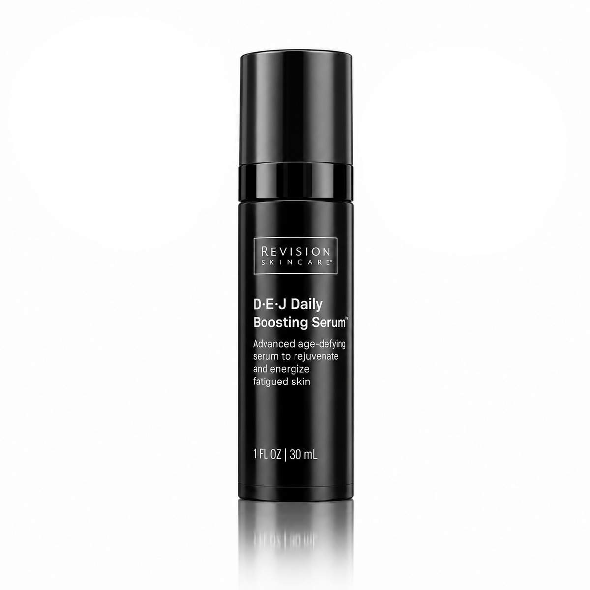 Revision Skincare D-E-J Daily Boosting Serum in a black cylindrical bottle, shown on a white background with two award badges: a blue circular Beauty & Longevity Choice 2026 Winner badge on the left and a black Get The Gloss Beauty Awards 2025 Winner badge on the right.