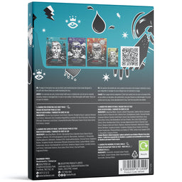 Product packaging with illustrations and text on a blue and black background