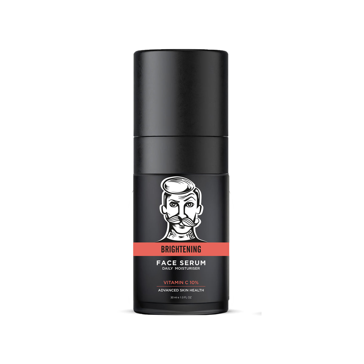 Black face serum bottle with branding on a white background