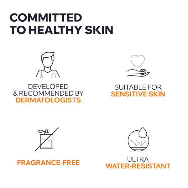 A promotional graphic with the headline 'COMMITTED TO HEALTHY SKIN' and four feature callouts with icons: developed and recommended by dermatologists, suitable for sensitive skin, fragrance-free, and ultra water-resistant.