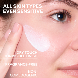 Woman applying a skincare product with text highlighting features on a light background