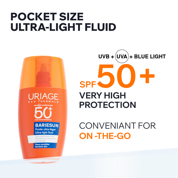 Uriage sunscreen bottle with SPF 50+ on a white background