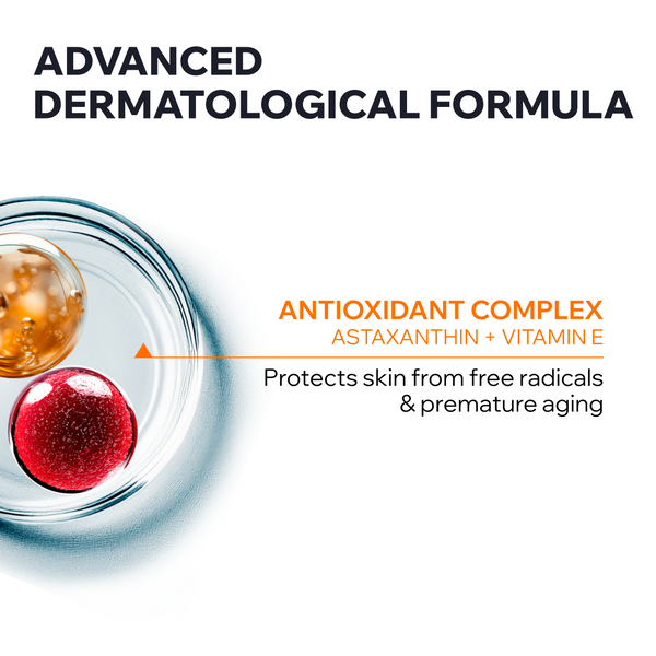 Advertisement for advanced dermatological formula with antioxidant complex on a white background