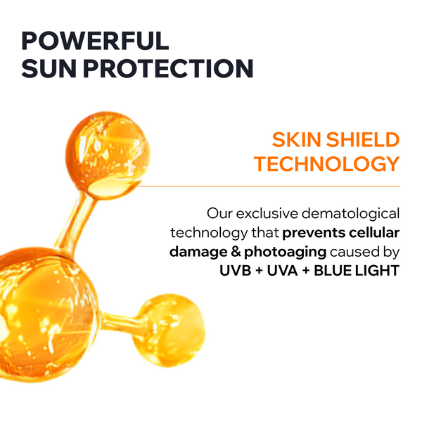 Promotional graphic for skin protection technology, featuring a glossy amber/orange molecular-style illustration on a white background with text reading 'POWERFUL SUN PROTECTION' and 'SKIN SHIELD TECHNOLOGY.'.