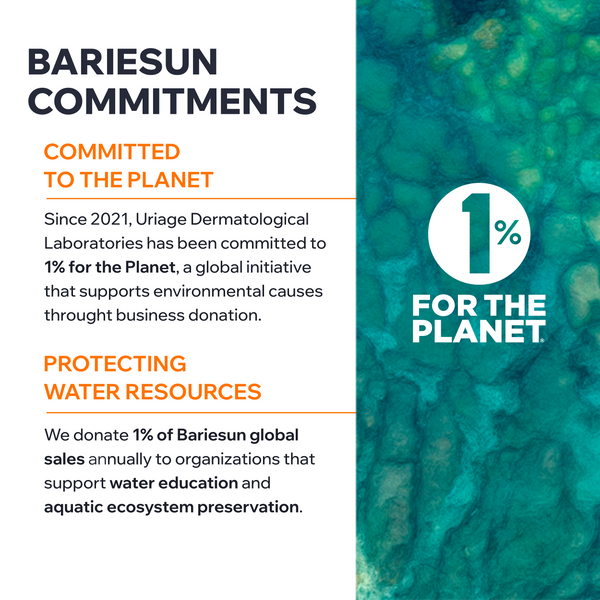 Bariesun commitments to environmental causes with 1% for the Planet initiative on a green and white background.