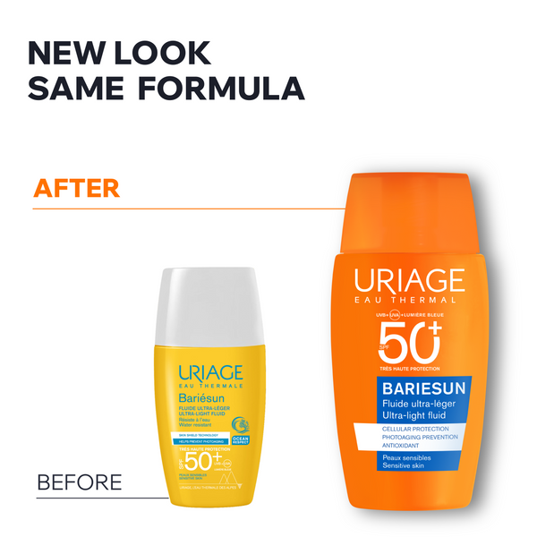 Comparison of Uriage sunscreen bottles, new and old design, on a white background.
