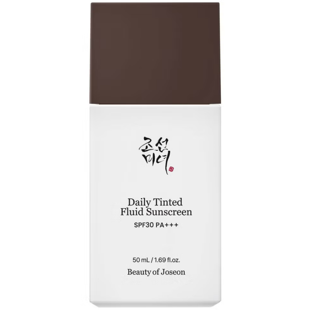 Daily Tinted Fluid Sunscreen bottle with brown cap and white body on a white background