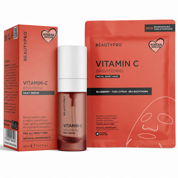 Beautypro Vitamin-C Brightening Daily Serum shown with its coral-orange retail box and a matching facial sheet mask pouch on a white background.