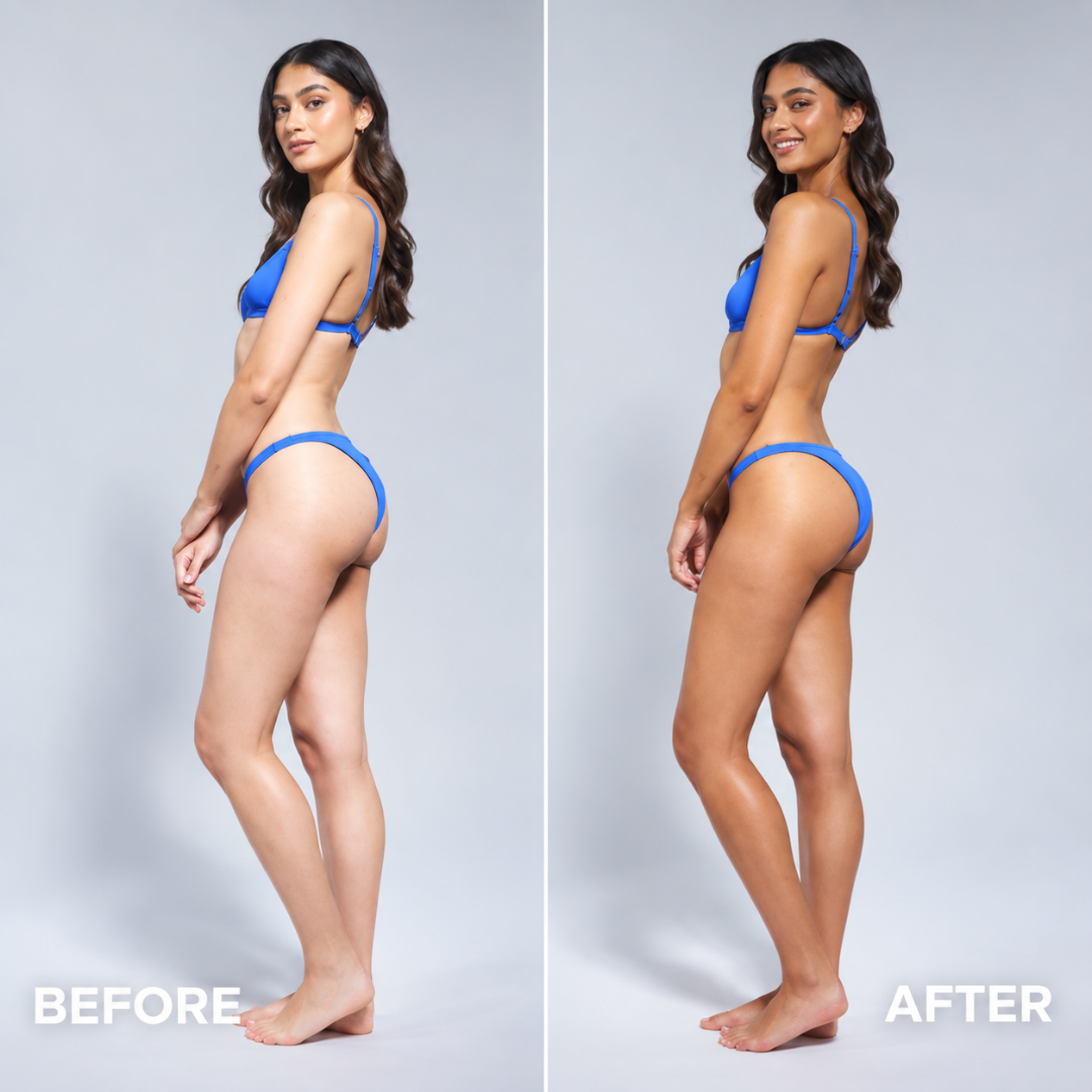 A side-by-side before and after comparison of a woman modeling a blue bikini against a light gray studio background. The left side is labeled BEFORE, and the right side is labeled AFTER.