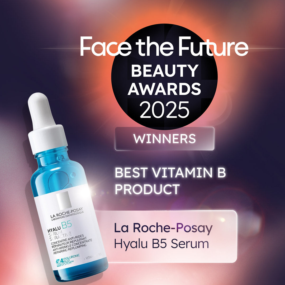 La Roche-Posay Hyalu B5 Serum with 'Face the Future Beauty Awards 2025' text on a colorful background