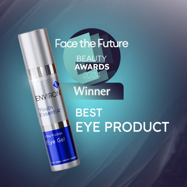 Environ Youth Essential eye gel with 'Face the Future Beauty Awards 2024' text on a blue gradient background