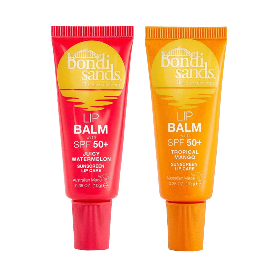Two tubes of Bondi Sands Lip Balm SPF50+, one with a watermelon design and the other with a mango design.