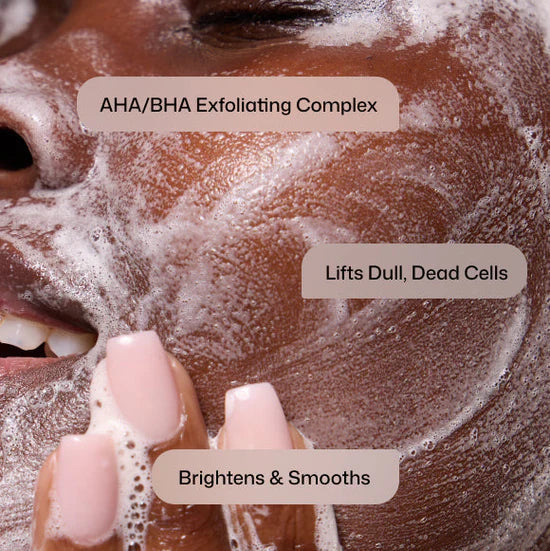 Person applying a skincare product with text highlighting benefits on a close-up of skin.