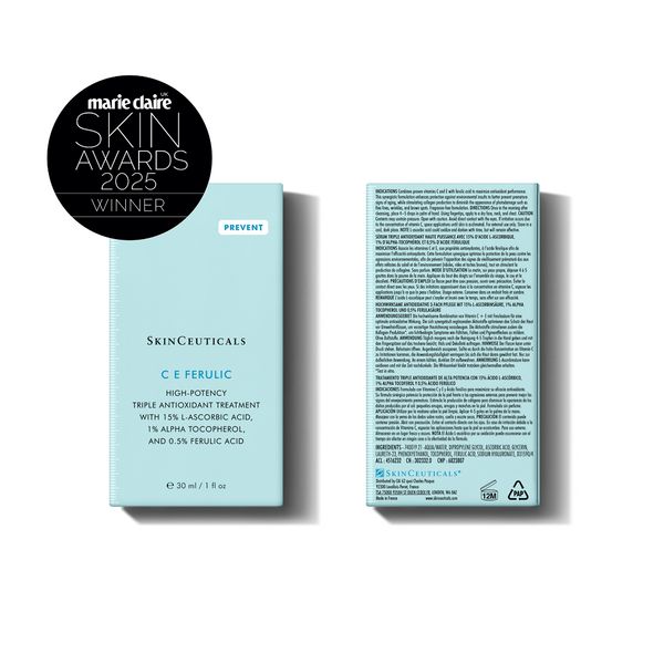 Skincare product packaging with 'Marie Claire Skin Awards 2023 Winner' label on a white background