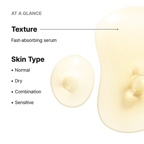 Fast-absorbing serum with texture and skin type compatibility information on a white background