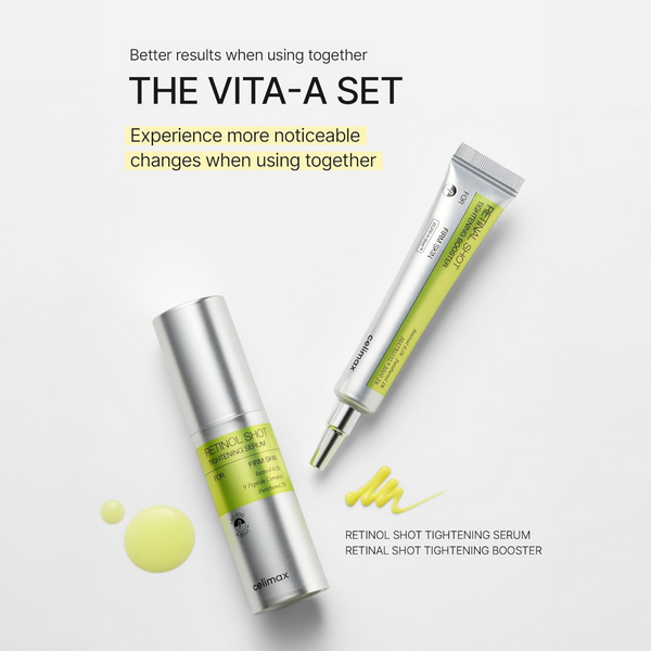 Two skincare products with text about the Vita-A Set on a light gray background
