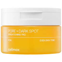 A jar of Cellimax Pore + Dark Spot Brightening Pad with a bright yellow-orange body and a white lid, shown on a plain white background.