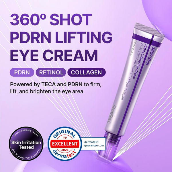 360° Shot PDRN Lifting Eye Cream with branding and product details on a purple background
