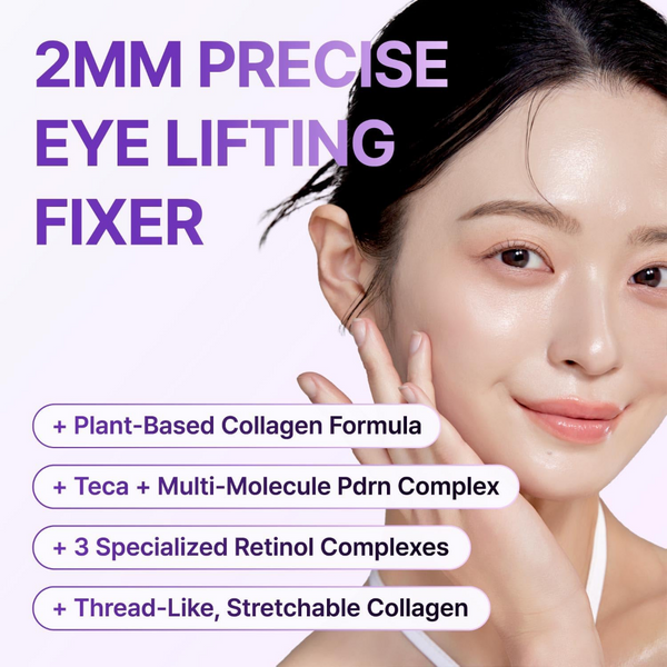 Advertisement for a 2MM Precise Eye Lifting Fixer with a woman's face and product benefits listed.