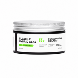 A 90 mL jar of Scandinavian Biolabs Flexible Hybrid Clay, featuring a white label with green and black text and a silver screw-on lid, set against a plain white background.