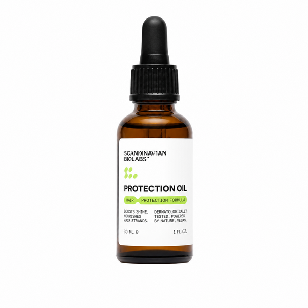 A 30 mL amber glass dropper bottle of Scaninavian Biolabs Protection Oil on a solid white background.