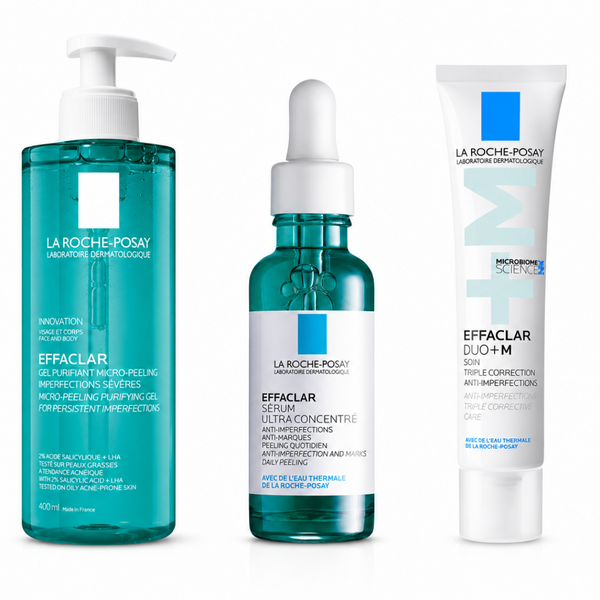 Three La Roche-Posay skincare products on a white background: a teal pump bottle of Effaclar, a teal dropper bottle of Effaclar Ultra-Complexing Serum, and a white tube of Effaclar Duo-M.