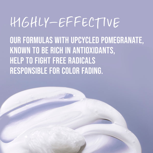 Text about upcycled pomegranate formulas with antioxidants on a purple background