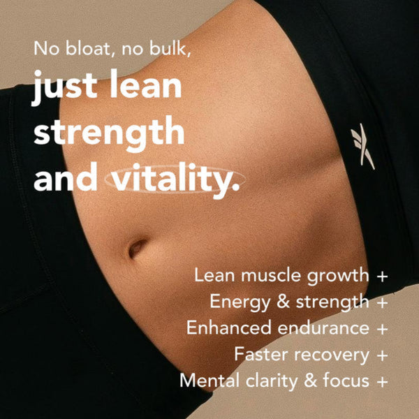 Close-up of a person's midsection wearing black athletic bottoms, with white marketing text about lean strength and vitality on a dark background.