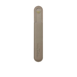 Tan leather knife sheath with brand name on a white background